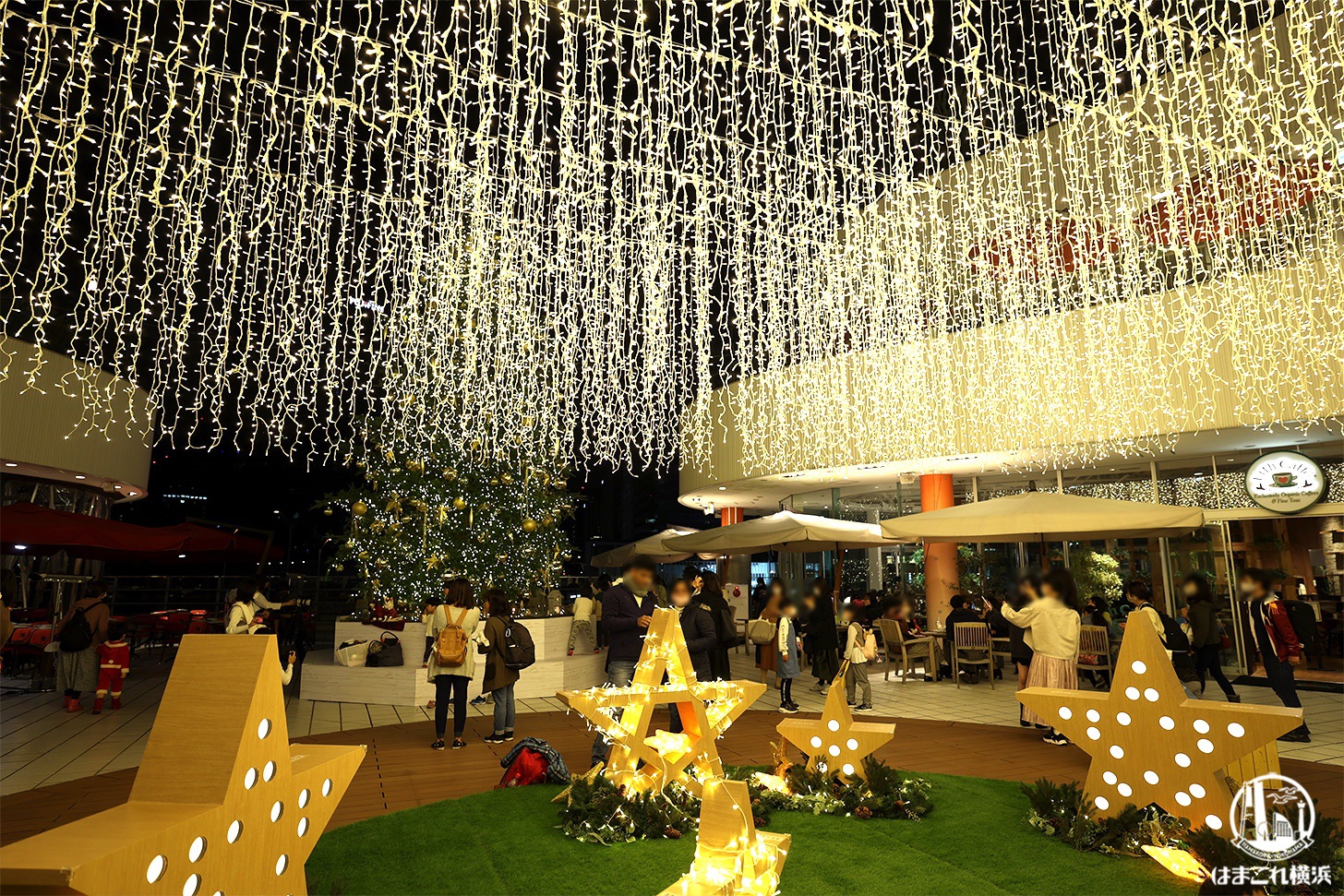 横浜ベイクォーター 2021年クリスマスツリー ほしくずのカーテンとの共演