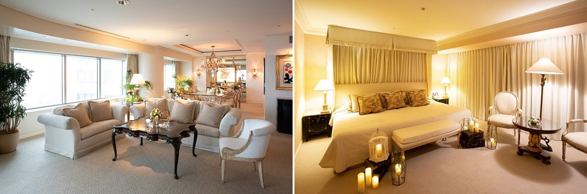 左：スカイリゾートフロア「ザ・クラブ」ロイヤルスイート 左：リビングルーム / 右：ベッドルーム
