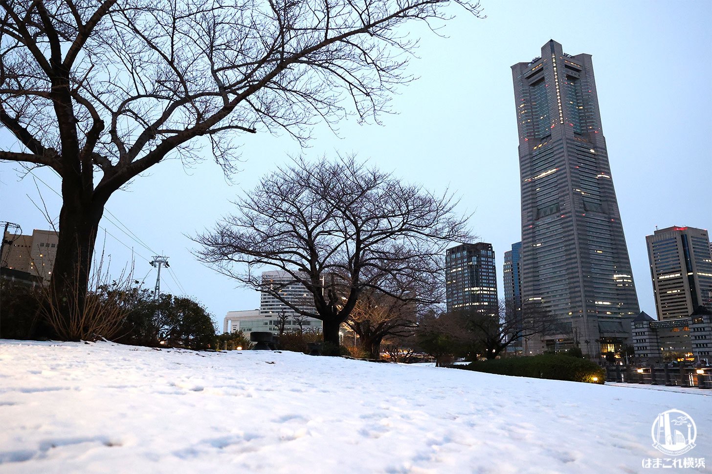 横浜ランドマークタワーと雪景色