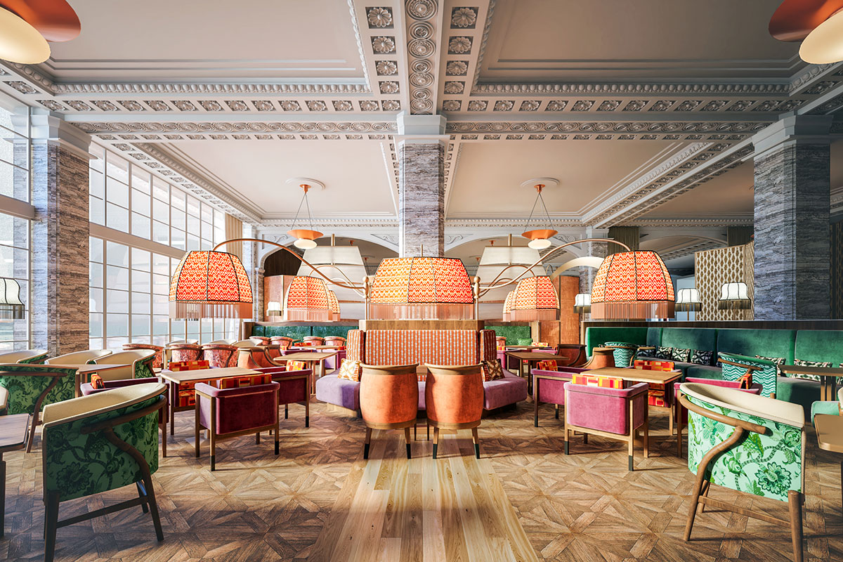 船上のデッキを彷彿とさせるダイニング