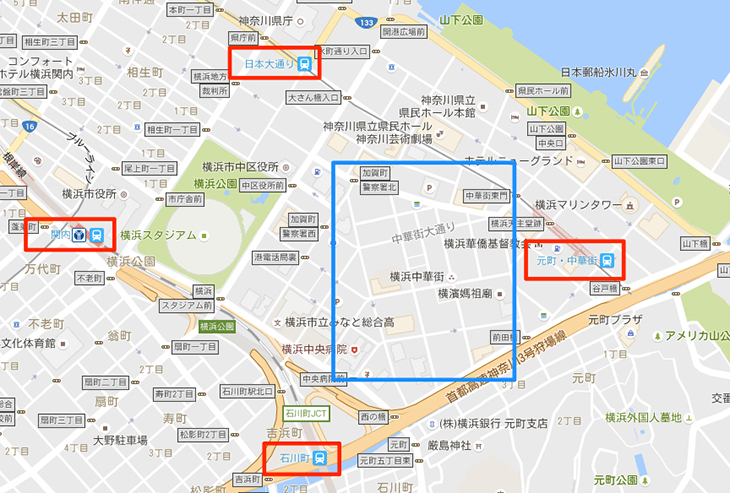 横浜中華街 おすすめ下車駅を示した地図