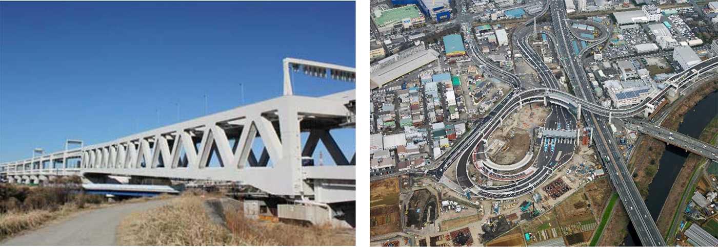写真左：大熊川トラス橋 写真右：横浜港北ジャンクション