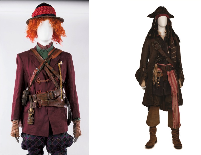『アリス・イン・ワンダーランド／時間の旅』（左） 『パイレーツ・オブ・カリビアン／最後の海賊』（右） ジョニー・デップのアイディアが詰まった衣裳と小道具　©Disney