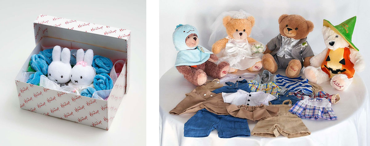左：プレゼントボックス一例 右：ぬいぐるみお着替え衣装一例